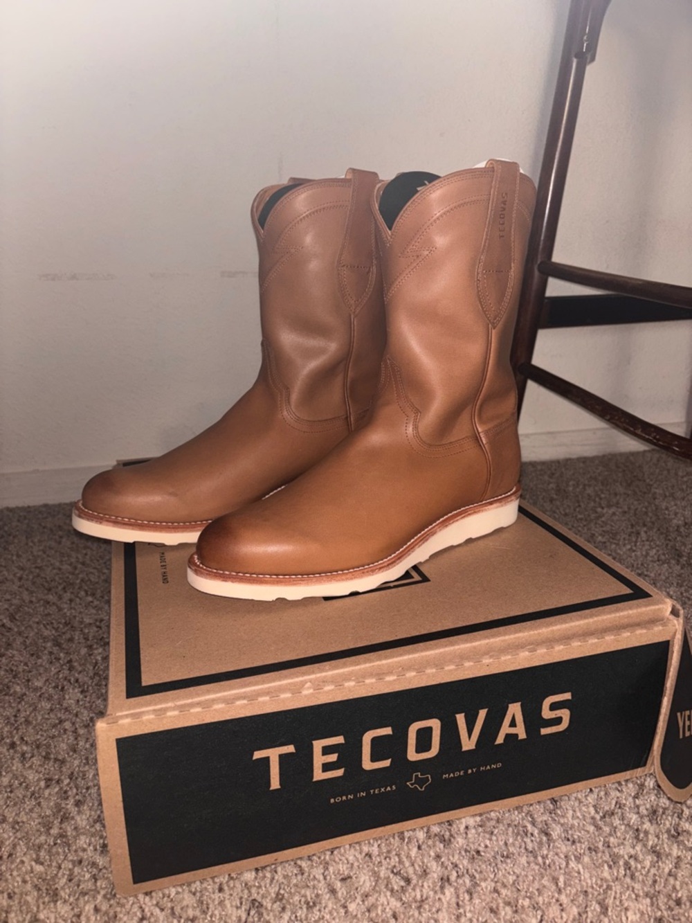 Tecovas Brown Leather Western Work Boots with White Sole.